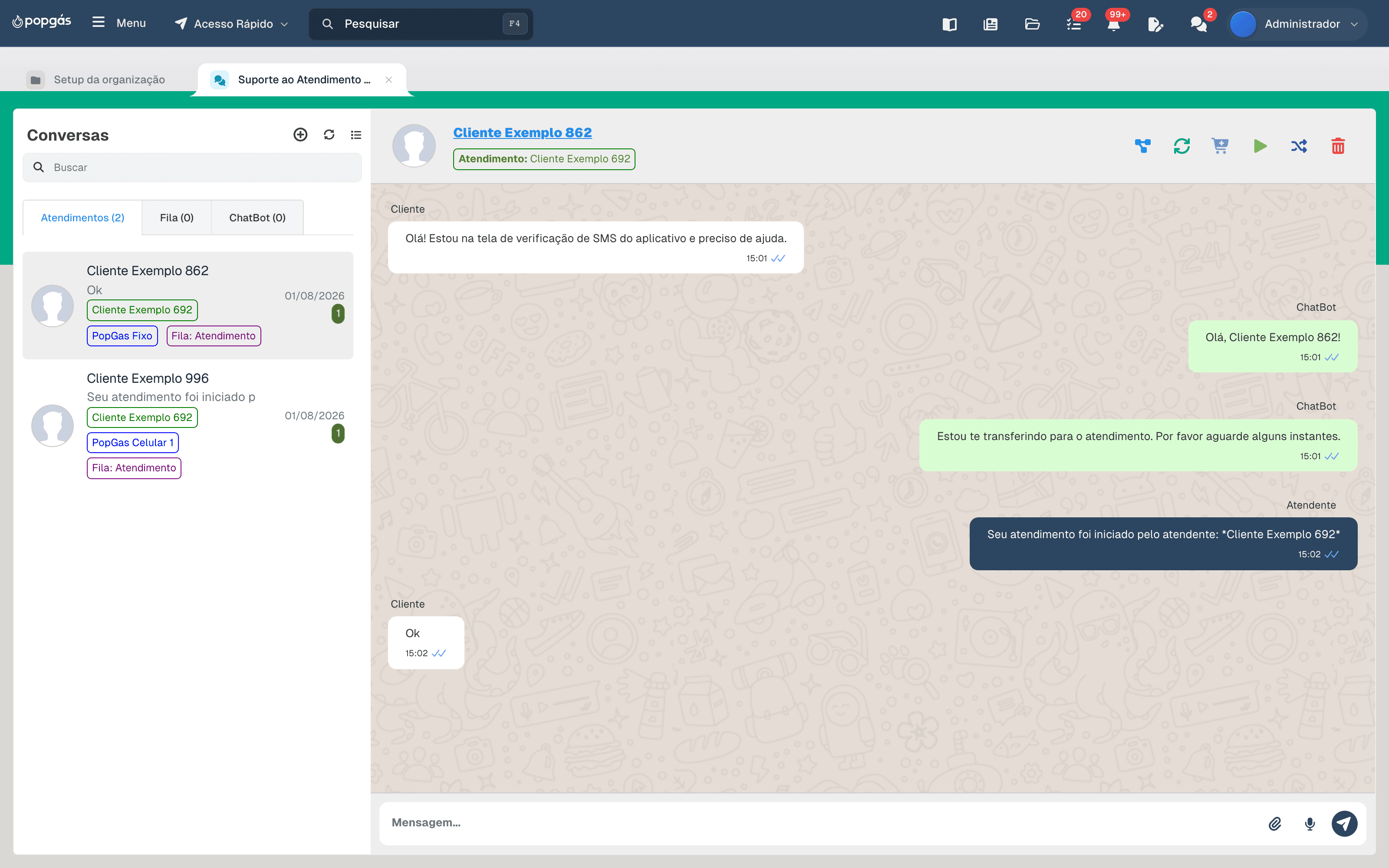 Tela de atendimento no WhatsApp com chatbot de IA do PopGás Sistema
